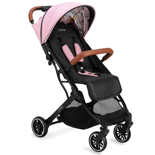 MoMi ESTELLE Kinderwagen ab 6. Monat (bis 15 kg), klappbarer Buggy mit 5-Punkt-Sicherheitsgurt, Einkaufskorb und Liegefunktion, Teleskop-Stange zum Ziehen, steht nach dem Zusammenklappen