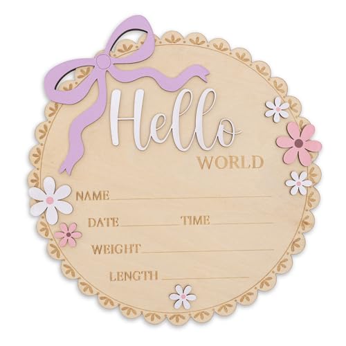 TTMerriwood Hello World Wooden Baby Birth Announcement Sign, Pink Floral