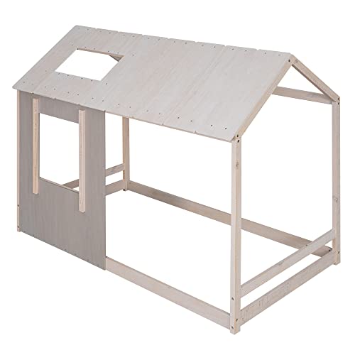 Twin House Bed For Kids, Montessori Floor Bed With Roof And Window, Wood Twin Floor Bed Frame With Cottage Style Rustic Design Cabin Playhouse Bed For Girls, Boys,Antique Grey+Antique White #TOP7