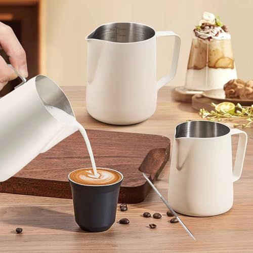 Milk Jug Stainless Steel,Tianher Milk Jug Cup Stainless Steel Frothing Pitcher 350ml with Measurement and Latte Decorating Art Pen for Barista Making Coffee Cappuccino(White) - Image 2