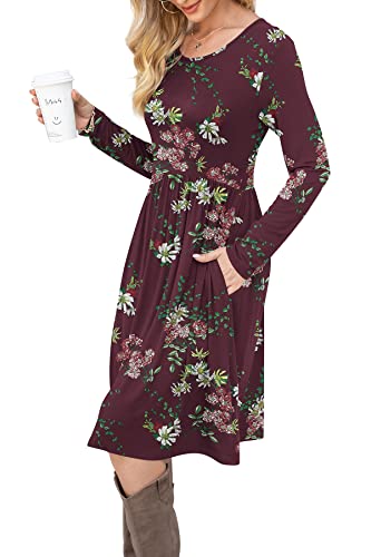 DB MOON Women Casual Long Sleeve Dresses Empire Waist Loose Dress with Pockets (Flower Wine Red, XL)