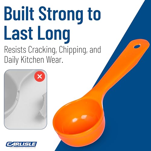 Image of Carlisle FoodService Products 7.10 inch 2.5 Ounce Solid Portion Control Spoon - Flat Bottom - Short Handle, Orange, (Pack of 12)