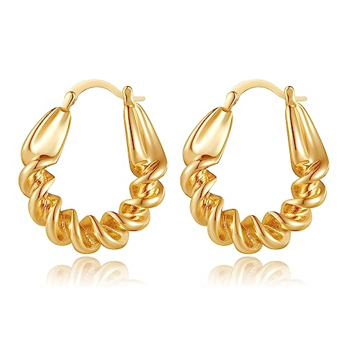 LUXEJEW Twisted Gold Hoop Earrings for Women, 14K Gold Plated Thick Chunky Hoop Earrings for Everyday Wear