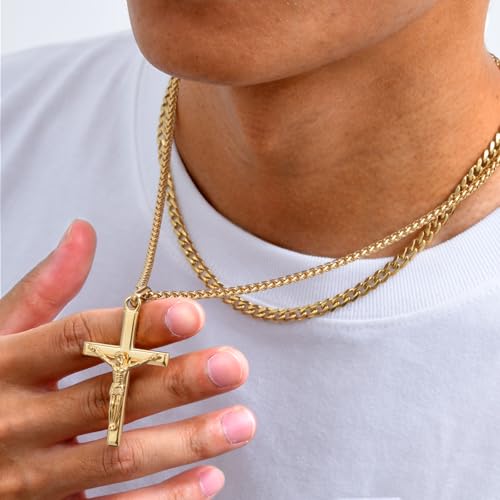 2 Pcs Crucifix Cross Necklace for Men, Layered Stainless Steel Pendant Rope Chain, Silver/Black/Gold Crucifix Necklace, Jesus Cross Necklaces Religious Gifts for Men2