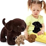 MorisMos 4 stücke Labrador Retriever Plüschtier Set, 40cm riesen Hund Kuscheltier Stofftier XXL Realistisch mit 3 Babys welpen im Bauch, Plüschhund Weihnachten Geschenk für Kinder Baby