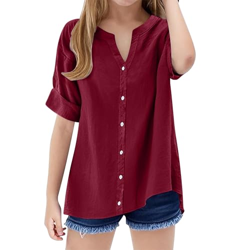 Girls Cotton Linen Button Shirts Rolled Cuffed Short Sleeve Blouse Teens Preppy Casual V Neck Solid Plain Tees Tops