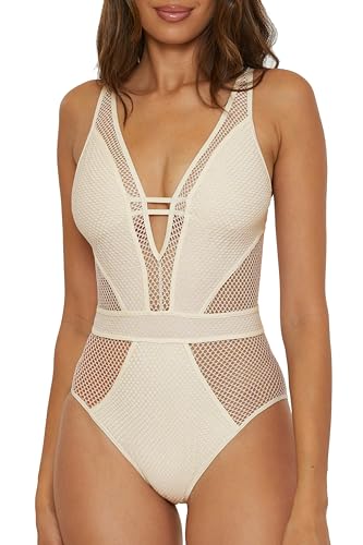 BECCA Color Play - Women's One Piece Swimsuit, Plunge Neck, Crochet, Bathing Suits for Women, Ecru, Small