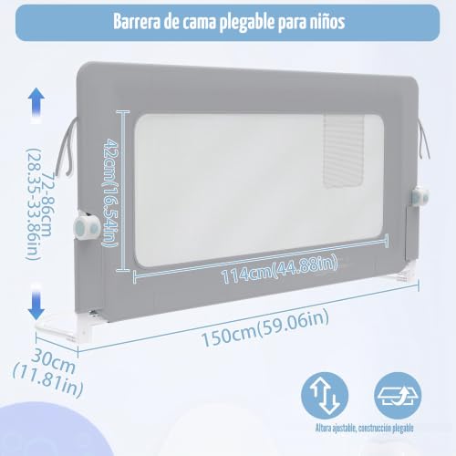 Miniatura 2 de Uisebrt Barrera De Cama De 150 Cm, Plegable, Protección Contra Caídas, Altura Ajustable Para Cuna, Rejilla Transpirable Para Cuna Con Bolsa De Almacenamiento, Gris