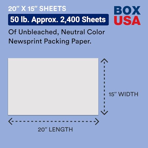 Image of BOX USA Packing Paper Sheets 20 x 15 (2400 Sheets, 50 lb) - Newsprint Paper for Shipping, Storage and Moving Supplies, White