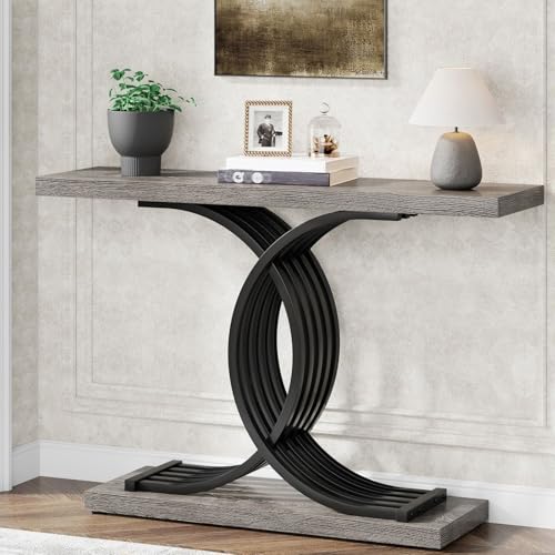 Moderna mesa consola de entrada con patas de metal geométricas, parte superior de mármol sintético, diseño estrecho para sala de estar, elegante mesa de sofá de madera gris, muebles de espacio pequeño