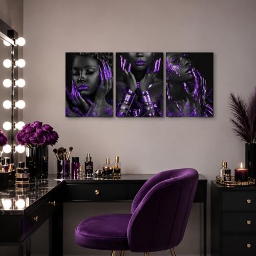 Conipit Black Purple Canvas Wall Art Fashion Women Pictures Black Queen Portrait Art African American Artwork For Walls 16" L X 12" W X 3pcs by Conipit - Used condition - Image 3