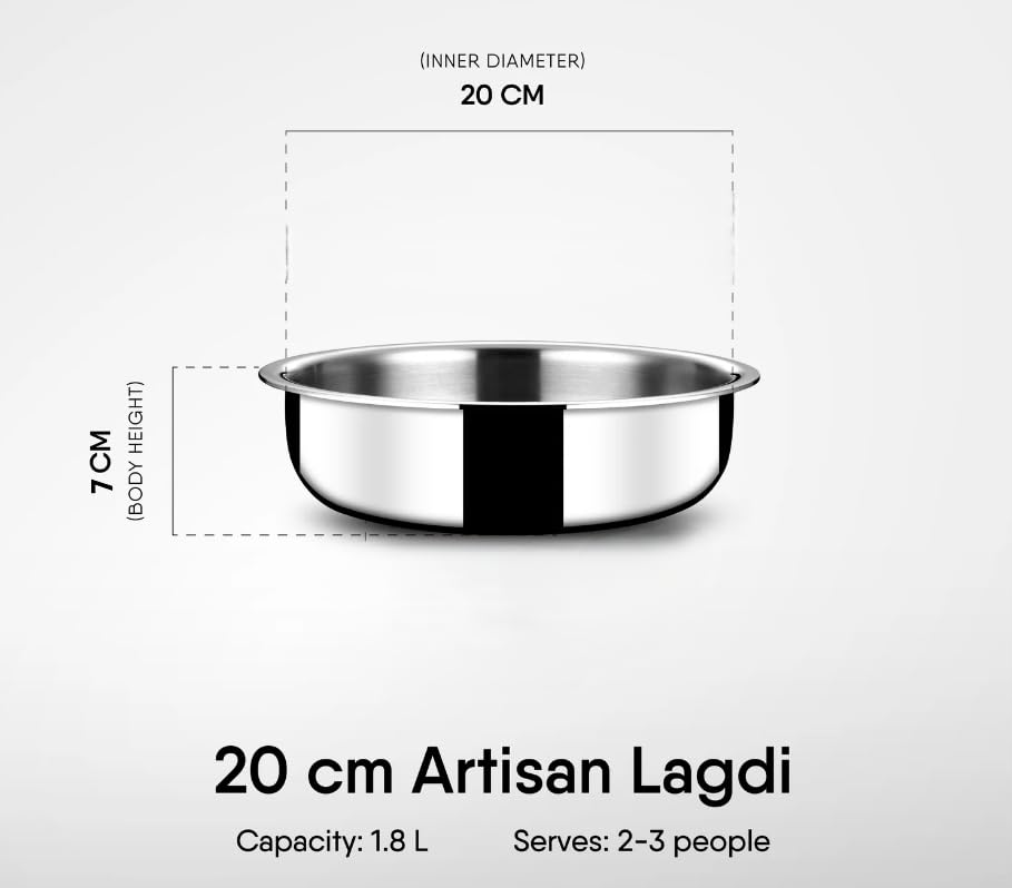 Image of Triply Stainless Steel Langdi Tope - 20 cm / 1.8 litres | Multipurpose Stainless Steel Extra Shallow Tope | Induction Friendly for Every Day Use
