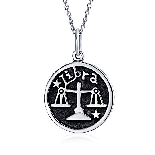 Libra Zodiac Sign Astrology Horoscope Round Medallion Pendant For Men Women Necklace Antiqued Sterling Silver