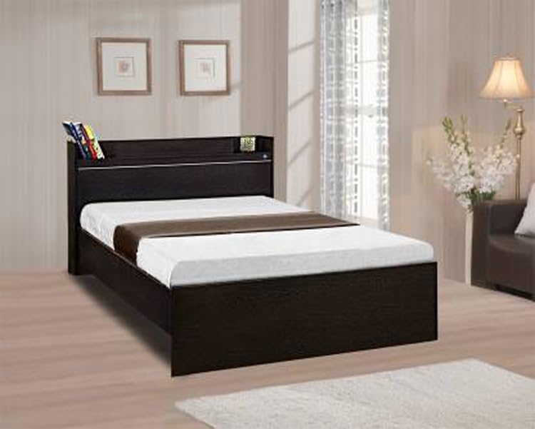Image of DELITE KOM | 1 Year Warranty | Single Bed, Plum Engineered Wood Bed Without Box Storage & with Headboard Shelf Storage, Wooden Bed (83x37 Inches) | Installation Included | Color - Flowery Wenge