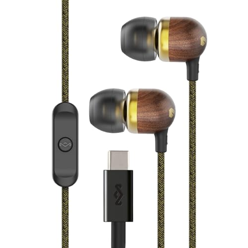 Marley House of Smile Jamaica USB-C Kopfhörer kabelgebunden mit 9,2-mm-Treiber – Nachhaltige In-Ear-Kopfhörer mit Kabel, verwicklungsfrei, integriertes Mikrofon für Musik & Anrufe, Brass