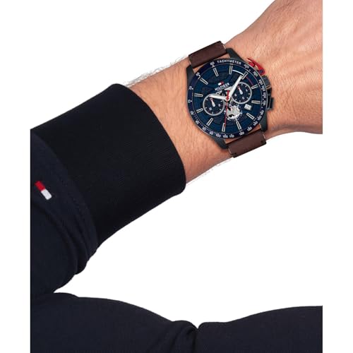 Image of Tommy Hilfiger Bank with Blue Dial Brown Leather Strap Watch for Men - TH1792268