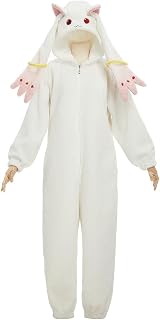 Micotaku Puella Magi Madoka Magica Kyubey Jumpsuit Pajamas Set with Gloves, Embroidered Cosplay Loungewear
