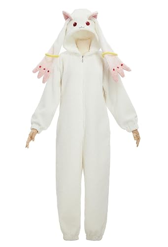 Micotaku Puella Magi Madoka Magica Kyubey Jumpsuit Pajamas Set, Embroidered Cosplay Loungewear - White and Pink - Small-Medium