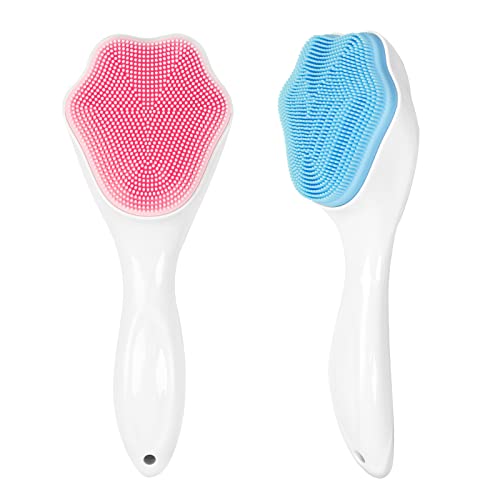 2 Pack Silicone Face Scrubber Exfoliating Brush，Manual Handheld Facial Cleansing Brush Blackhead Scrubber，Soft Food Grade Silicone Bristles For Face Skincare (Pink,Blue) #TOP3