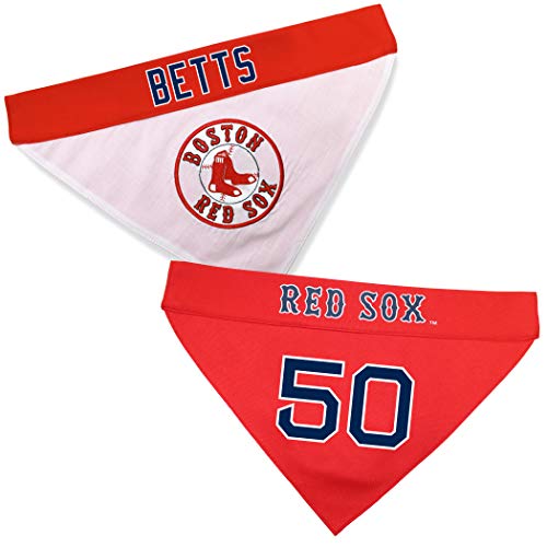 Image of Pets First MLBPA Reversible Dog Cat Bandana - Mookie Betts #50 Pet Bandana - MLB Boston Red Sox Home & Away Bandanna, Small /Medium