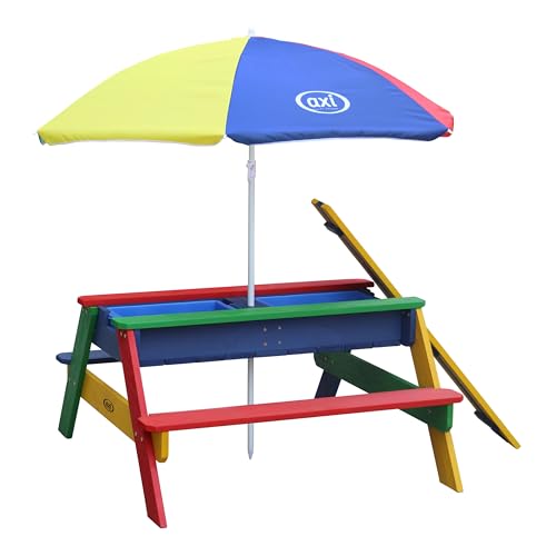 AXI Nick Mesa de Picnic de Agua y Arena para ninos Hecha de Madera | Juego de Agua y de Arena con Tapa y recipientes | Colores del Arco Iris con sombrilla para el Jardin.