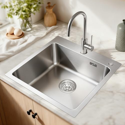 Melanstar Fregadero de acero inoxidable 48 x 48 x 15 cm, 1 lavabo, con sifón y orificio para grifo