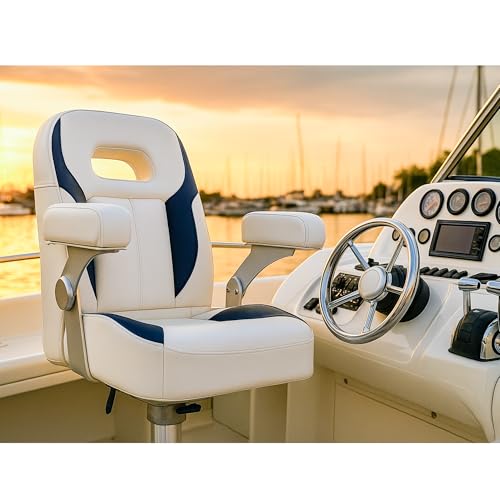 NORTHCAPTAIN Premium Pontoon Captain's Chair High Back Reclining Pontoon Bucket Boat Seat with Adjustable Armrests,White/Navy Blue