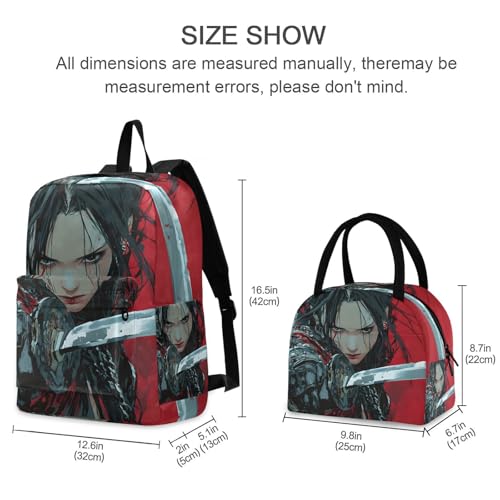 Backpack Lunch Box Set Large Capacity Travel Backpacks and Insulated Lunch Bag for Commute Hiking Picnic Japanese Anime Samurai Print2