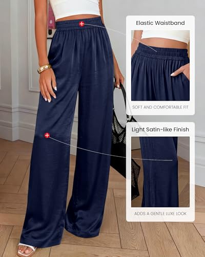 BTFBM Wide Leg Pants Woman Summer 2026 Pockets Dressy Flowy Lightweight Glitter Satin Palazzo Beach Vacation Clothes(Navy, Small) — view 4