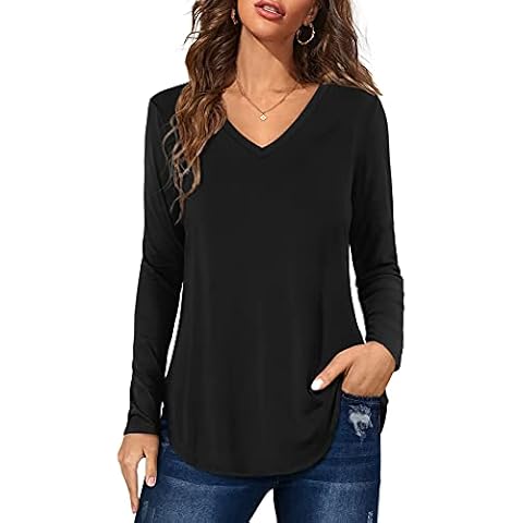 Ladies Tunic Tops Long Sleeve V-Neckline Loose T-Shirt Flowy Swing Shirts Blouses Black Size 22 24 Cover