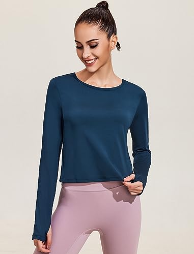 Pinspark Tops de treino para mulheres, manga comprida, para academia, crop top, aberto nas costas, p