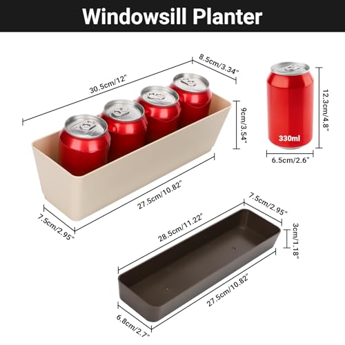 Image of SUREAM 3 Pack Indoor Window Box Planter, 12x3.8 Inch Rectangle Herb Planter with Tray, Modern Small Succulent Cactus Flower Plastic Plant Pot for Window Sill, Garden Balcony, Office Shelf Decoration