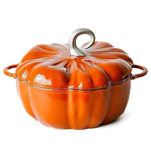 Pumpkin Cocotte Dutch Oven Pot with Lid,Enamel Cast Iron Cooking Non Stick Pumpkin Stew Soup Pot,Serves 3-5,Halloween Thanksgiving Decor Pot Gift(Orange)