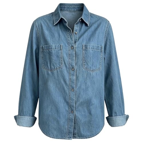 Denim Shirt Women Long Sleeve Loose Fit Button Down Collared Jean Blouse | Denim Tops For Women Relaxed Long Sleeve Blouse Fall Top With Pockets Work, Business Casual, Vacation, Beach, Resort - image 4