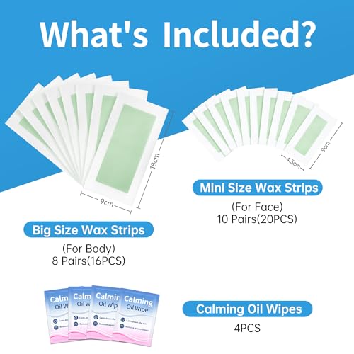 Bandas de Cera Depilatoria Facial Corporal Hombres Listas para Usar, 36 Tiras de Cera Fría con 4 Toallitas de Aceite Calmante Post-Depilación, para Facial, Cuerpo Piernas Axilas - imagen 3
