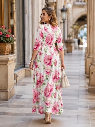 Image of SUZONANA Plus Size Dresses for Women Floral Print Maxi Dress Flowy 3 /4 Sleeve with Belt