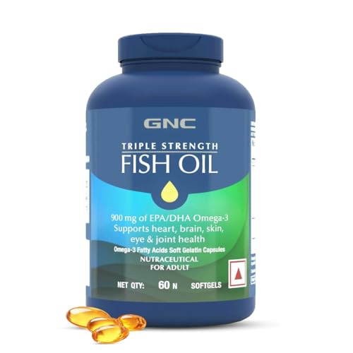 Image of GNC Triple Strength Fish Oil Omega 3 Capsules for Men & Women | 60 Softgels (pack of 2) | 900mg EPA & DHA | Improves Memory | Protects Vision | No Fishy Aftertaste | Supports Family Health | USA Formulated