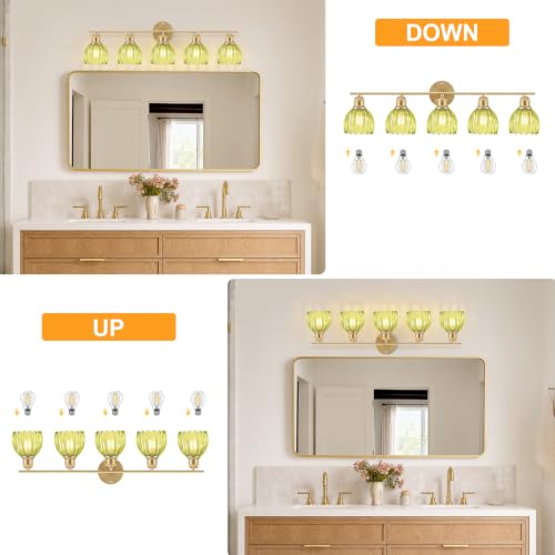 Image of Bathroom Light Fixtures, 5-Light Brushed Gold Vanity Lights for Bathroom with Green Tulip Glass Shade, 30 inch Vintage Bathroom Vanity Lighting Fixtures Over Mirror for Bedroom Living Room Hallway