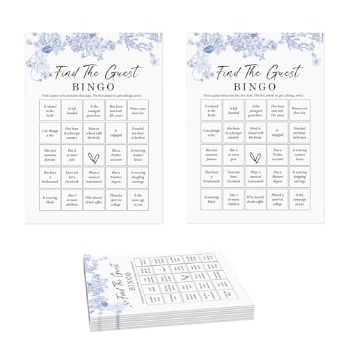Find the Guest Bingo Bridal Shower Game-Set of 30, Blue Floral Bridal Shower Cards, Something Blue Before I Do Decorations, Wedding Party Game Cards for Guests, Bridal Shower Ideas-HLYXB03