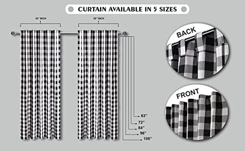 Linen Clubs Buffalo Window Curtain Panel In Plaid Cotton 50"X84" Black & White Gingham Check Plaid Farmhouse Style Tab Top Curtains. Set Of 2 #TOP1