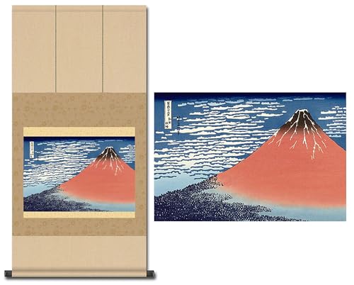 掛け軸 凱風快晴 葛飾 北斎 山水 年中掛け 和 モダン 彩色 山水 赤富士 富士 おしゃれ 掛軸 年中 かけ 床の間 お土産 SS-G2-090s3