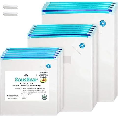 SousBear Reusable Sous Vide Bags pt, qt, gal 30count Resealable Vacuum Zipper Bags, Great for vac storage, Meal Prep, Commercial Grade Cover