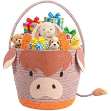 Small Woven Storage Basket with Handle, Cute Cartoon Cow Baskets for Gift Empty, Cotton Rope Storage Basket for Toy Organizer