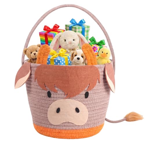 Small Woven Storage Basket with Handle, Cute Cartoon Cow Baskets for Gift Empty, Cotton Rope Storage Basket for Toy Organizer