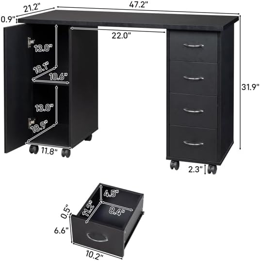 Black Computer Writing Table for Home Office Salon, Storage Beauty Station, Rolling Nail Table w/Drawers, Black Manicure Desk for Salon, Computer Desk for Home Office, Beauty Workstation with Storage