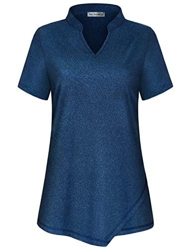 Miss Fortune Women Polo Workout Tops, Plus Size Short Sleeve Tennis Clothes Activewear Collarless Golf Shirts Dry Wick Tennist Shirts Running Tees, Dark Blue 3Xl #TOP26