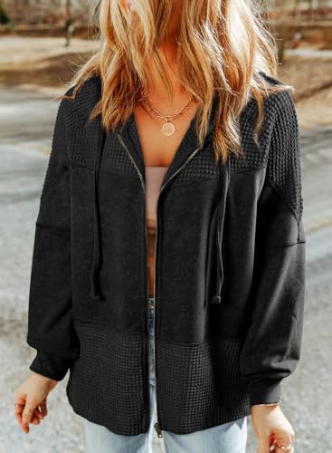 Dokotoo Waffle Womens Knit for 2025 Zip Up Drawstring Contrast Fall Tops Trendy Lightweight Outfits Jackets Clothing2