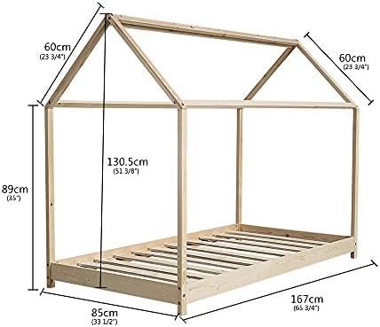 Panana Wooden Kids House Bed Frame, Solid Pine WoodTreehouse Style Childrens Floor Bed Frame for Toddlers and Children (Wood)