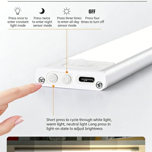 Image of KRESHU Rechargeable LED Motion Sensor Bar, USB Charging Under Cabinet, Wireless Magnetic Closet with 3 Color Modes, Dimmable Stick-On Wardrobe for Kitchen, Bedroom, Stairs Cabinets