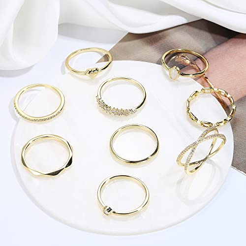 14K Gold Plate Stacking Rings for Women Stackable Knuckle Rings Set CZ Heart Rings Simple Stacking Band Ring Dainty Wedding Gold Ring Comfort Fit Size 6-113
